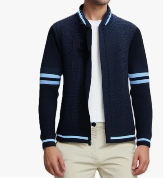 Full-Zip Cardigan Sweater, Knit Stand Collar, Sporty Casual M Blue - Picture 2 of 9